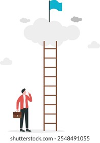 Businessman looked suspiciously at the ladder that would allow him to climb to take the flag of success. Progress towards success, career development, or business improvement reaching a better quality