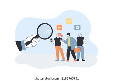 Businessman looking for best employee among tiny people. Hand holding magnifying glass to find candidate flat vector illustration. Vacancy concept for banner, website design or landing web page