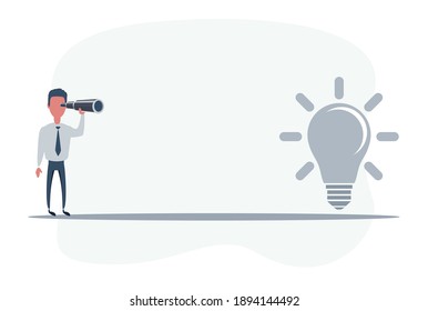 Businessman looking for big idea. Man using telescope looking for success, opportunities, future business trends. Vision concept. Cartoon Vector Illustration.