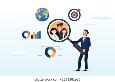 Businessman looking at big magnifier with customer group to see data analysis, customer research for marketing, study user behavior or analyze target group for advertising and marketing (Vector)