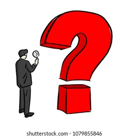 businessman looking at big question mark through magnifying glass vector illustration sketch doodle hand drawn with black lines isolated on white background. Business concept.