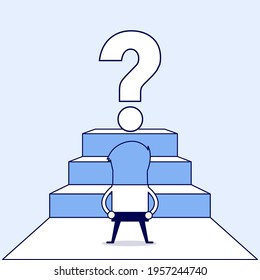 Businessman looking at big question mark. Cartoon character thin line style vector.