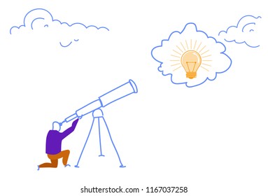 businessman looking binocular business idea light lamp icon innovation startup concept horizontal sketch doodle vector illustration