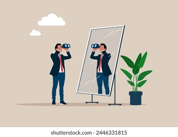 Businessman looking at binoculars and reflecting in mirror. Business searching. Looking for new job, leadership discovery. Strategy, mission, objectives. Flat vector illustration