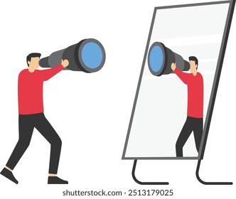 Businessman looking at binoculars and reflecting in mirror. Business searching. Looking for new job, leadership discovery. Strategy, mission, objectives. Flat vector illustration

