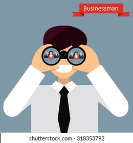 Businessman looking at binoculars for search  employee  in flat cartoon . About HR , employee , customer . Vector illustration.