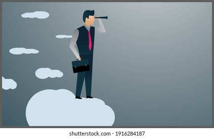 businessman looking with a binoculars standing at cloud in the sky