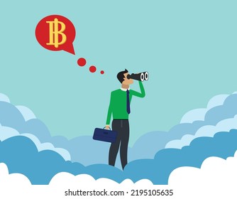 Businessman looking bitcoin stand with clouds, Man searching for bitcoin business and finance, future investment concept vector illustration 