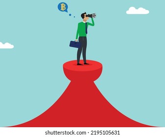 Businessman looking bitcoin stand with tall place, Man searching for bitcoin business and finance, future investment concept vector illustration  svg
