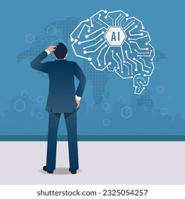 Empresario que observa el diseño del vector de la inteligencia artificial del cerebro
