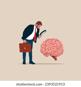 Businessman looking at brain through magnifying glass. Analyst. Vector illustration