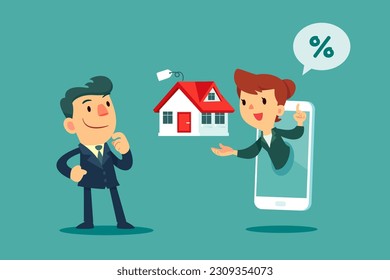 Businessman looking to buy new house online. Real estate agent on smartphone screen selling house . Online house purchase business concept. 