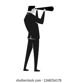 Businessman looking by telescope vector, minimalist style, simple and flat design, black and white color.