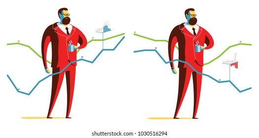 Businessman looking at charts while drinking coffee. Analyst examines ascending and descending line charts.  Bearded man standing near plots. Male figure placed inside the infographics.