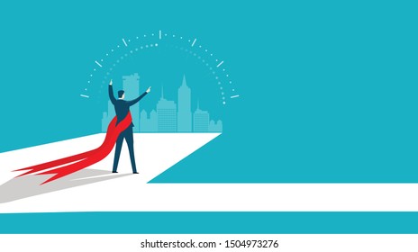 Businessman looking at the City and enjoying the view being a winner. 