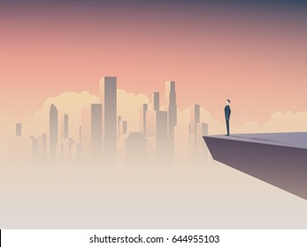 Businessman looking at cityscape vector concept. Symbol of business vision, motivation, success. Eps10 vector illustration.
