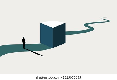 Businessman looking at cube blocking his way, business obstacle, career challenge concept, minimal business design.