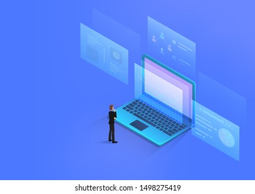 Businessman looking data analysis charts, graphs on laptop computer screen and thinking. Vector illustration isometric 3d style with business decision concept.