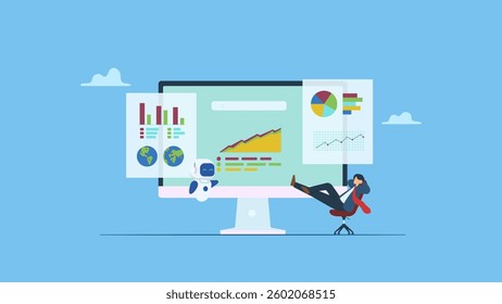 Businessman looking at data on desktop screen, AI virtual assistant help search and collect data. Analysis report research result, chart and diagram dashboard, financial graph statistics, analyze data