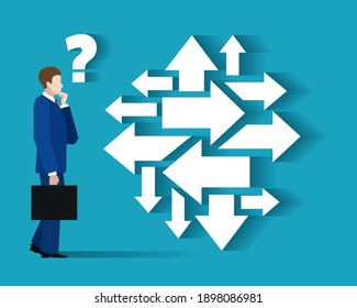 Businessman looking direction. Leader sees many directions, financial plan with invest question concept, right successful directionality vector illustration