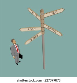 businessman looking direction sign