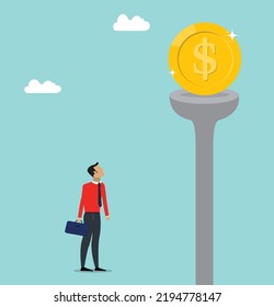 Businessman looking for Dollar gold coin. Business and finance concept, Vector flat illustration