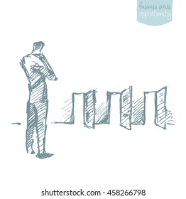 Businessman looking at doors and pondering over decision. Concept vector illustration, sketch