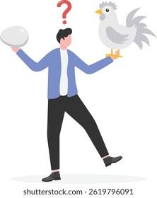 A Businessman looking down between chicken and egg. Who came first? Vector illustration

