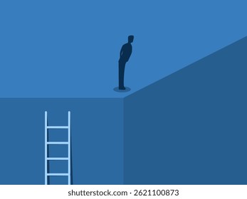 Hombre de negocios mirando hacia abajo desde la esquina del edificio, crisis de negocios