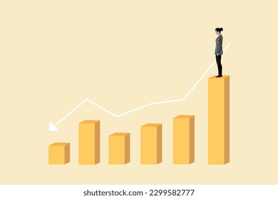 Businessman looking down graph fall. Concept of economic crash, investing failure, price drop, recession, investment risk concept and market down