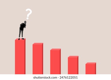 Geschäftsmann, der die Grafik herunterguckt, fällt auf den Boden. Konzept des wirtschaftlichen Crashs, des Versagens der Investitionen, des Rückgangs der Preis, der Rezession, des Investitionsrisikokonzepts und des Marktverfalls