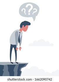 Businessman looking down from mountain top on sky background. Success and challenge concept. Vector flat design illustration.