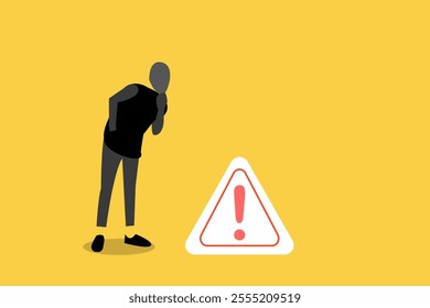 Businessman looking down thinking with big incident with exclamation attention sign. concept of Solving problem, identify risk or critical failure