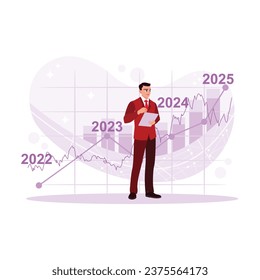 Businessman looking at the economic growth graph from 2021-2023 via digital tablet. Vision Statement concept. Trend Modern vector flat illustration