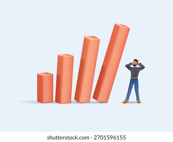 Businessman looking at falling down red graph tensely. Economy depression, inflation recession crisis, sales are falling, risk management. 3D render vector illustration. Businessman and falling graph