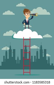 Businessman looking far away through telescope . Business concept. Vector illustration