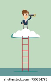 Businessman looking far away through telescope . Business concept. Vector illustration