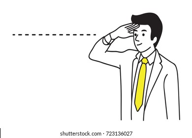 Businessman looking forward and beyond to see future, business concept of long distance vision ability.  Outline, linear, thin line art, contour, hand draw sketch design, simple style.