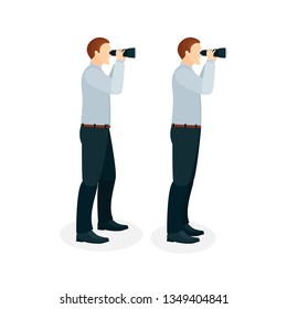 Businessman looking forward with binoculars. Men in official corporate suite looking in binoculars. Part of set.