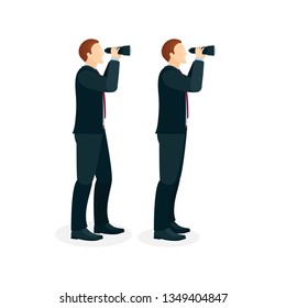 Businessman looking forward with binoculars. Men in official corporate suite looking in binoculars. Part of set.