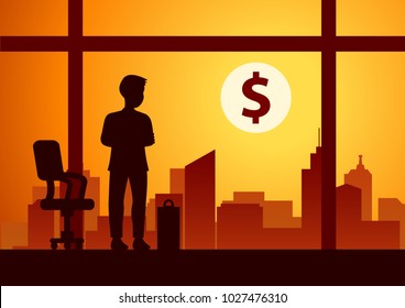 Businessman Looking Forward To Find Money And Success Hopefully Scenery City Sky Tower Background,silhoutte Style