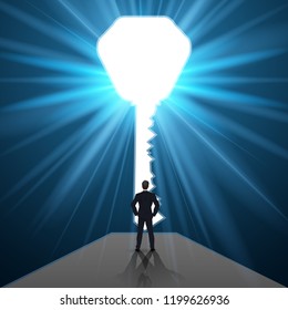 Businessman looking forward to opened chance and key door as business vision, future, direction , goal, success concept. vector illustration.