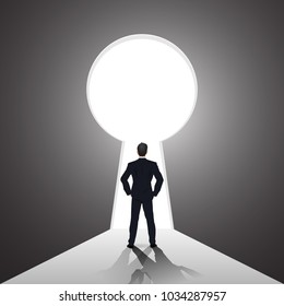 Businessman looking forward to opened door of chance and key hole as business vision, future, direction , goal, success concept. vector illustration.