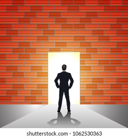 Businessman looking forward to opened door and brick wall of chance as business vision, solution , direction , goal, success concept. vector illustration.