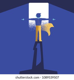 Businessman looking forward to opened door of chance as business vision, future, direction , goal, success concept. vector illustration.