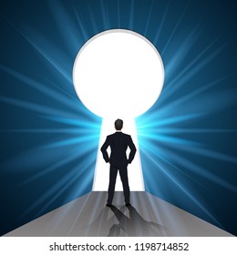 Businessman looking forward to opened door of chance and key hole as business vision, future, direction , goal, success concept. vector illustration.