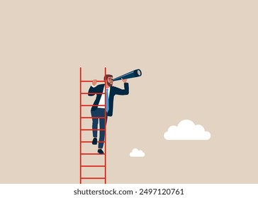 Businessman looking forward with telescope. Looking for opportunity new future business. Flat vector illustration