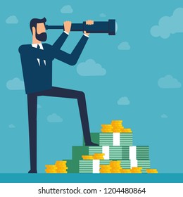 Businessman looking forward through spyglass staying on the stack of banknotes and coins over clouds in the sky. Flat design vector concept for business perspectives investment, career, success.