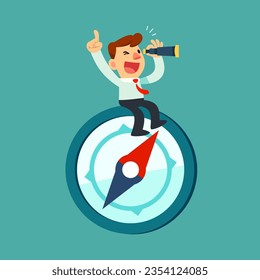 Businessman looking forward through telescope while sit on big business compass. Business vision and direction concept.