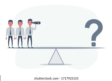 Businessman looking in future on seesaw. Man using telescope looking for success, opportunities, future business trends. Vision concept. Cartoon Vector Illustration.